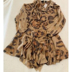 NWT Origami Almost Heaven Leopard Print Ruffle Cardigan Taupe Brown S/M